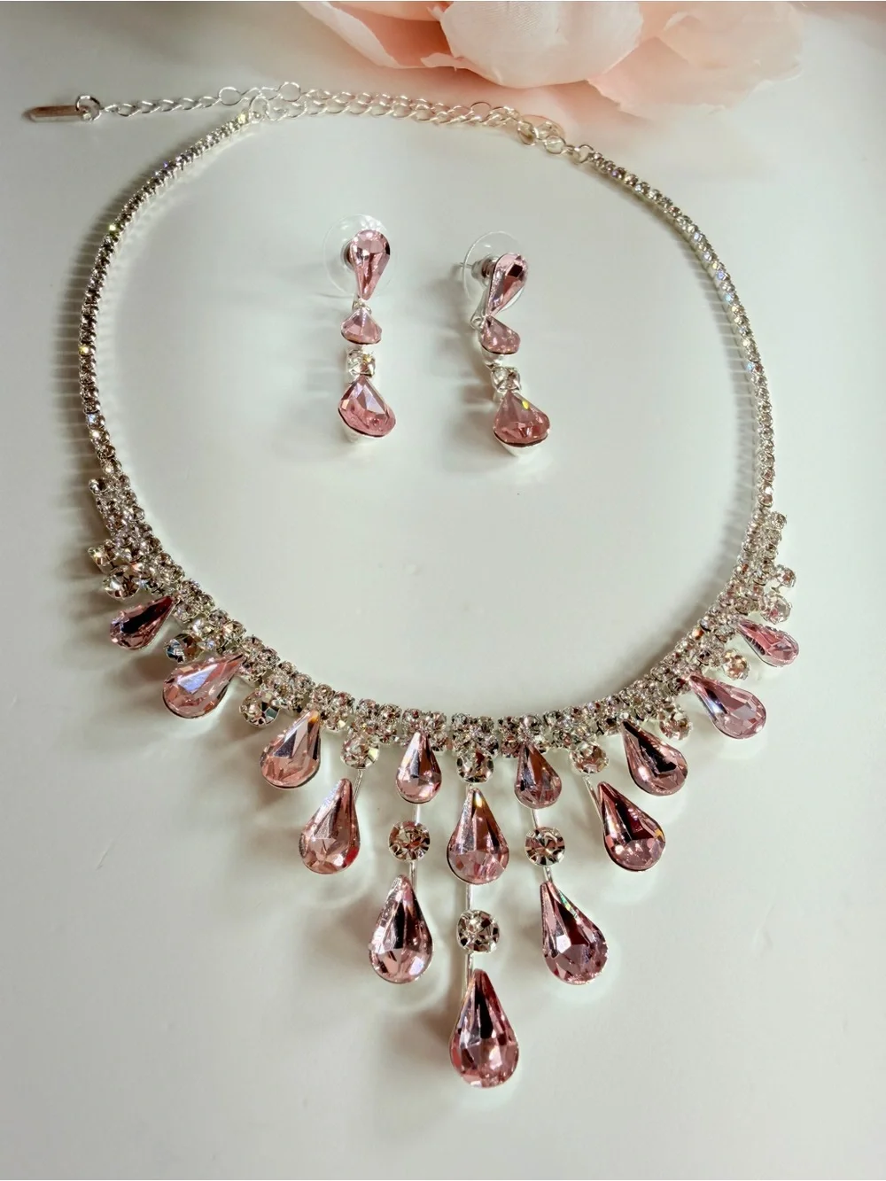 Pink Teardrop Crystal Necklace and Earring Set
